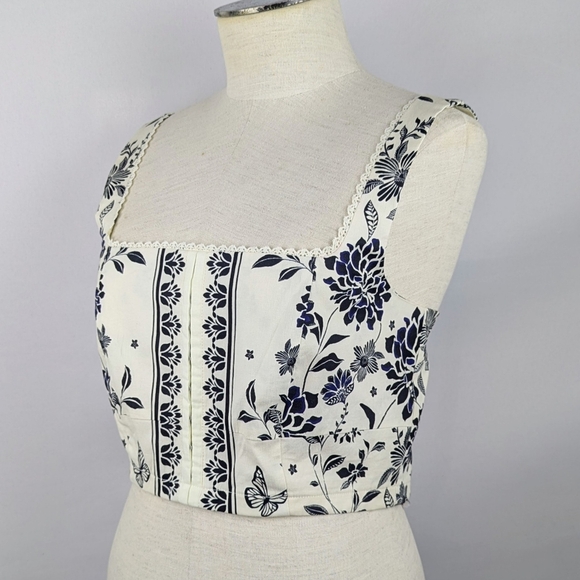 Avec Les Filles Corset Top Cropped Square Neck Sleeveless Floral Natural M NWT - Picture 10 of 16